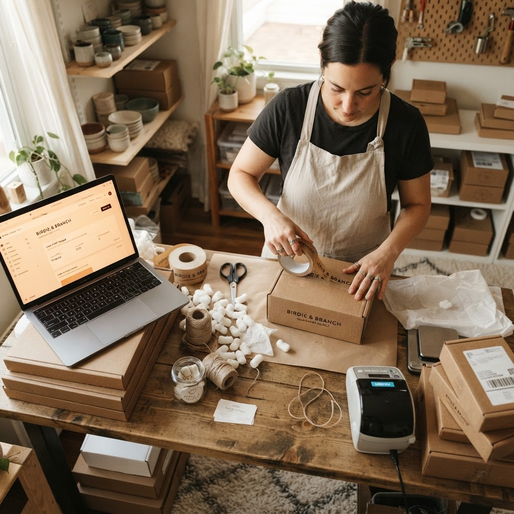 Small business owner managing online store from home office